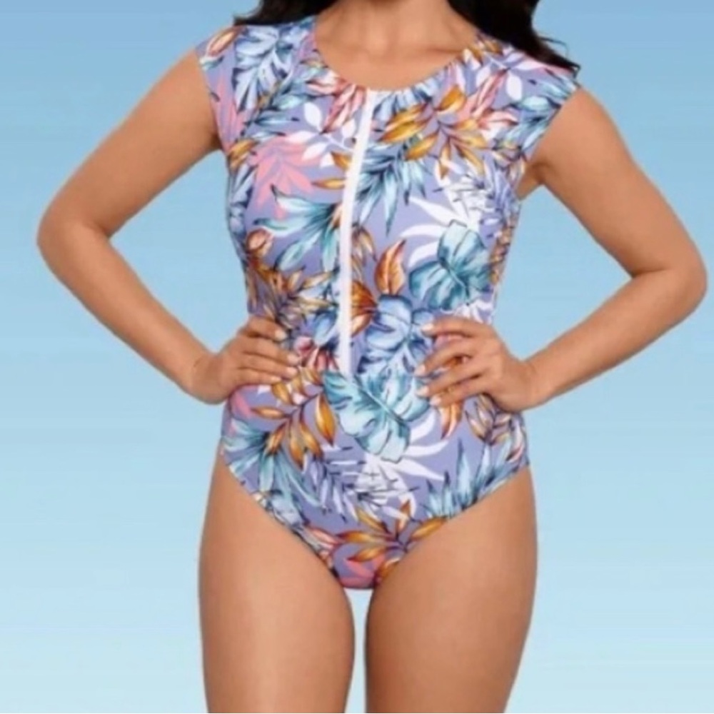 NWT Beach Betty Blue Tropical One Piece Front Zip Slimming Swimsuit size Medium